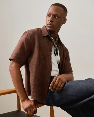 Short-Sleeve Cropped Jacquard Button-Up Shirt