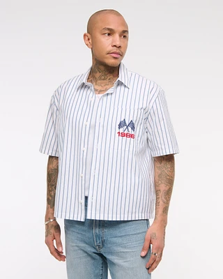 Short-Sleeve Cropped Racing Workwear Button-Up Shirt