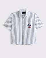 Short-Sleeve Cropped Racing Workwear Button-Up Shirt