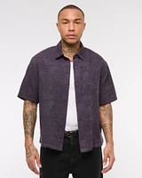 Short-Sleeve Cropped Jacquard Button-Up Shirt