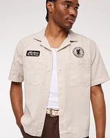 Short-Sleeve Cropped Graphic Workwear Button-Up Shirt