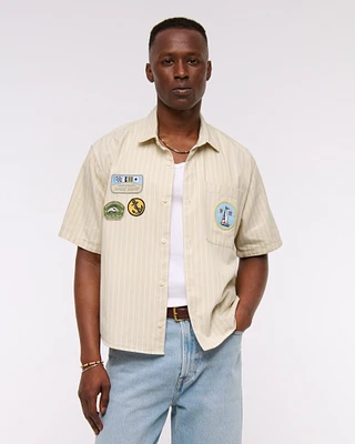 Short Sleeve Cropped Graphic Workwear Button-Up Shirt
