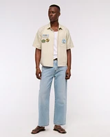 Short Sleeve Cropped Graphic Workwear Button-Up Shirt