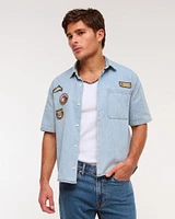 Short Sleeve Cropped Graphic Denim Button-Up Shirt
