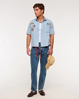 Short Sleeve Cropped Graphic Denim Button-Up Shirt