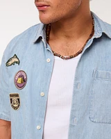 Short Sleeve Cropped Graphic Denim Button-Up Shirt