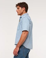 Short Sleeve Cropped Graphic Denim Button-Up Shirt