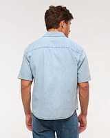 Short Sleeve Cropped Graphic Denim Button-Up Shirt