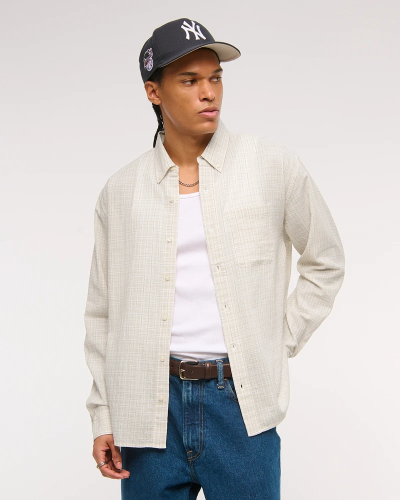 Long-Sleeve Textural Plaid Button-Up Shirt