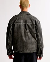 Cropped Vegan Leather Zip Trucker Jacket