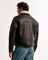 Cropped Sherpa-Lined Vegan Leather Aviator Jacket