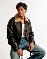 Cropped Sherpa-Lined Vegan Leather Aviator Jacket