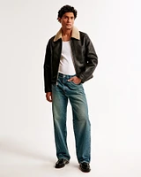 Cropped Sherpa-Lined Vegan Leather Aviator Jacket