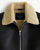 Cropped Sherpa-Lined Vegan Leather Aviator Jacket