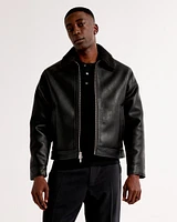 Cropped Sherpa-Lined Vegan Leather Aviator Jacket