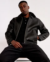 Cropped Sherpa-Lined Vegan Leather Aviator Jacket