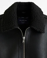 Cropped Sherpa-Lined Vegan Leather Aviator Jacket