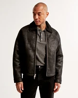 Cropped Sherpa-Lined Vegan Suede Zip Trucker Jacket