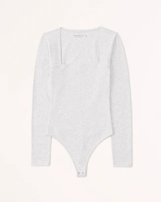 Long-Sleeve Cotton Seamless Fabric Squareneck Bodysuit