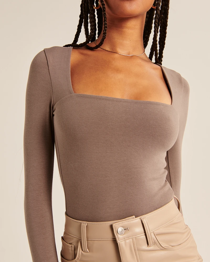 Long-Sleeve Cotton Seamless Fabric Squareneck Bodysuit