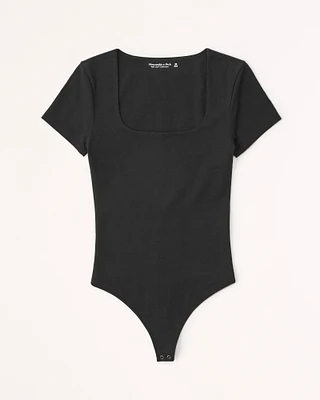 Short-Sleeve Cotton-Blend Seamless Fabric Squareneck Bodysuit