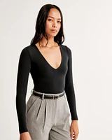 Long-Sleeve Cotton-Blend Seamless Fabric V-Neck Bodysuit