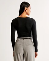 Long-Sleeve Cotton-Blend Seamless Fabric V-Neck Bodysuit