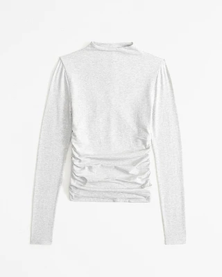 Long-Sleeve Cotton-Blend Seamless Fabric Mockneck Top