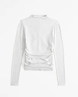 Long-Sleeve Cotton-Blend Seamless Fabric Mockneck Top