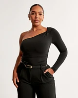 Long-Sleeve One-Shoulder Twist Ruched Bodysuit