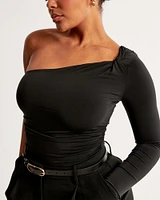 Long-Sleeve One-Shoulder Twist Ruched Bodysuit