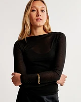 Long-Sleeve Sheer Rib Slash Top