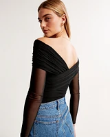 Long-Sleeve Off-The-Shoulder Wrap Mesh Bodysuit