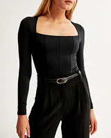 Long-Sleeve Cotton-Modal Squareneck Corset Bodysuit