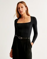 Long-Sleeve Cotton-Modal Squareneck Corset Bodysuit