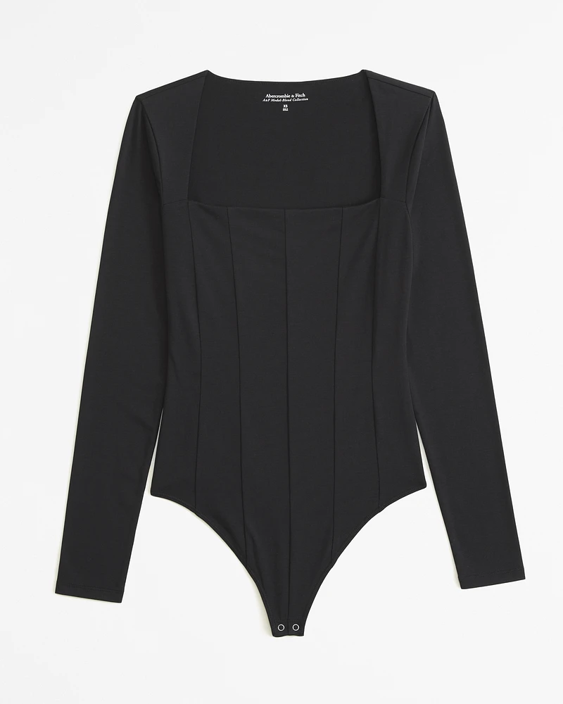 Long-Sleeve Cotton-Modal Squareneck Corset Bodysuit