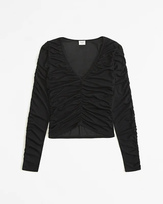 Long-Sleeve Mesh Ruched Top