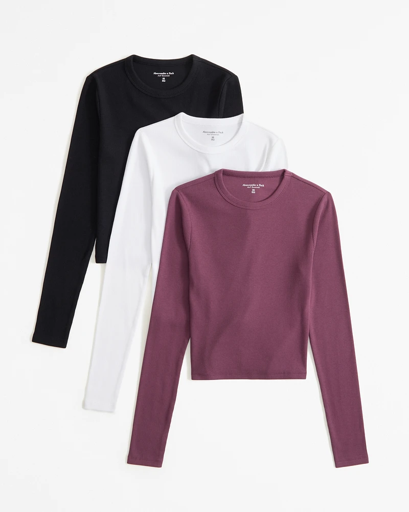 3-Pack Long-Sleeve Cropped Rib Crew Tops