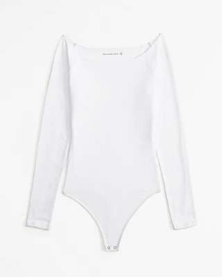 Long-Sleeve Cotton-Blend Seamless Fabric Off-The-Shoulder Bodysuit