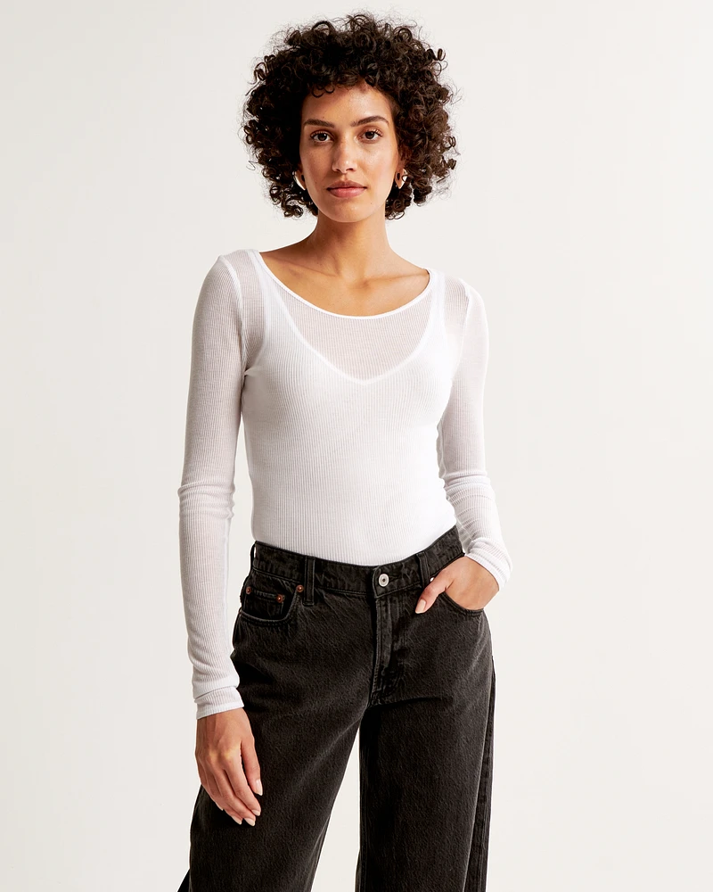 Long-Sleeve Sheer Rib Crew Top