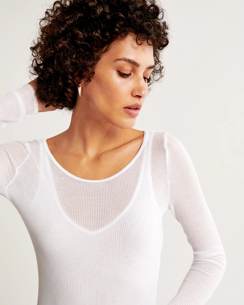 Long-Sleeve Sheer Rib Crew Top