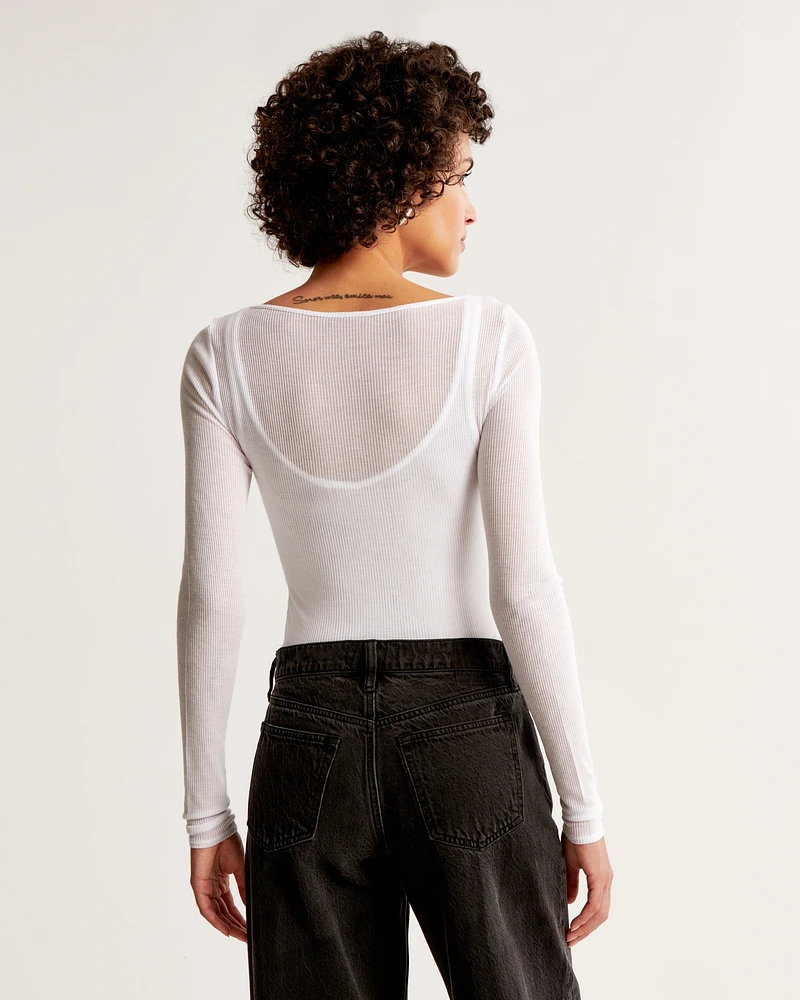 Long-Sleeve Sheer Rib Crew Top