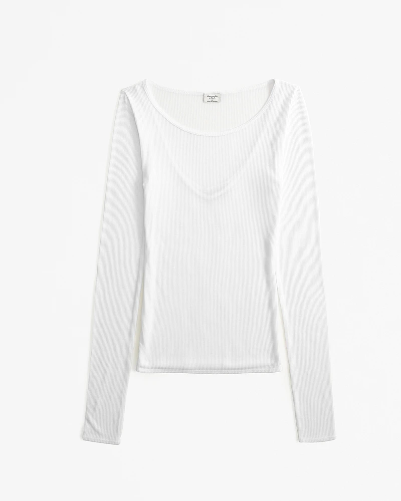 Long-Sleeve Sheer Rib Crew Top