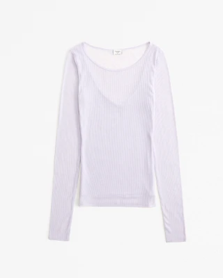 Long-Sleeve Sheer Rib Crew Top