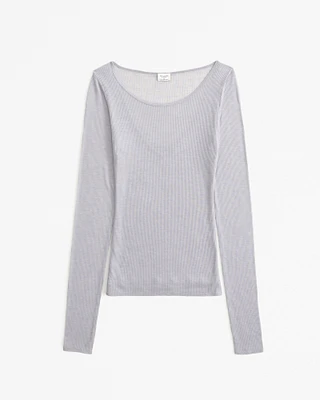 Long-Sleeve Sheer Rib Crew Top