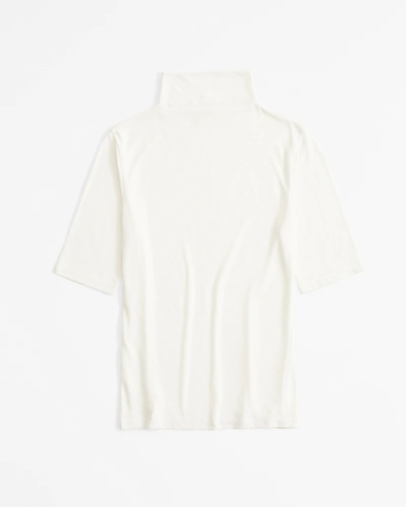 Half-Sleeve Sheer Jersey Mockneck Top