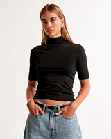 Half-Sleeve Sheer Jersey Mockneck Top