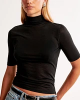 Half-Sleeve Sheer Jersey Mockneck Top