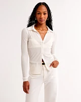Long-Sleeve Slim Sheer Polo Button-Through Top