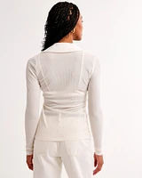 Long-Sleeve Slim Sheer Polo Button-Through Top